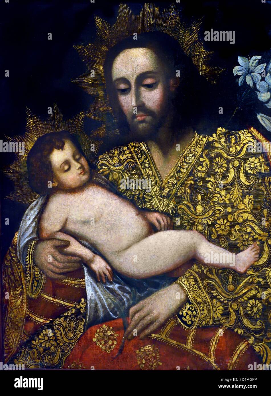 Saint Joseph und das Kind Vizekönigreich von Peru Andenschule 17. Jahrhundert Peru, Spanien, Spanisch, Stockfoto