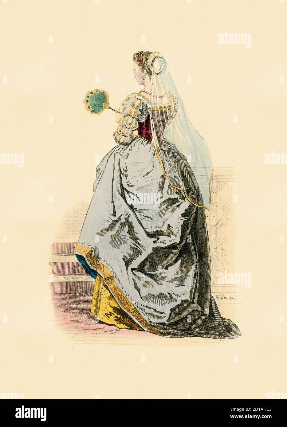 Porträt einer adeligen venezianischen Dame aus dem 16.. Jahrhundert, handkolorierter Stich von H. Pauquet. Veröffentlicht im Buch Modes et Costumes Historiques Stockfoto