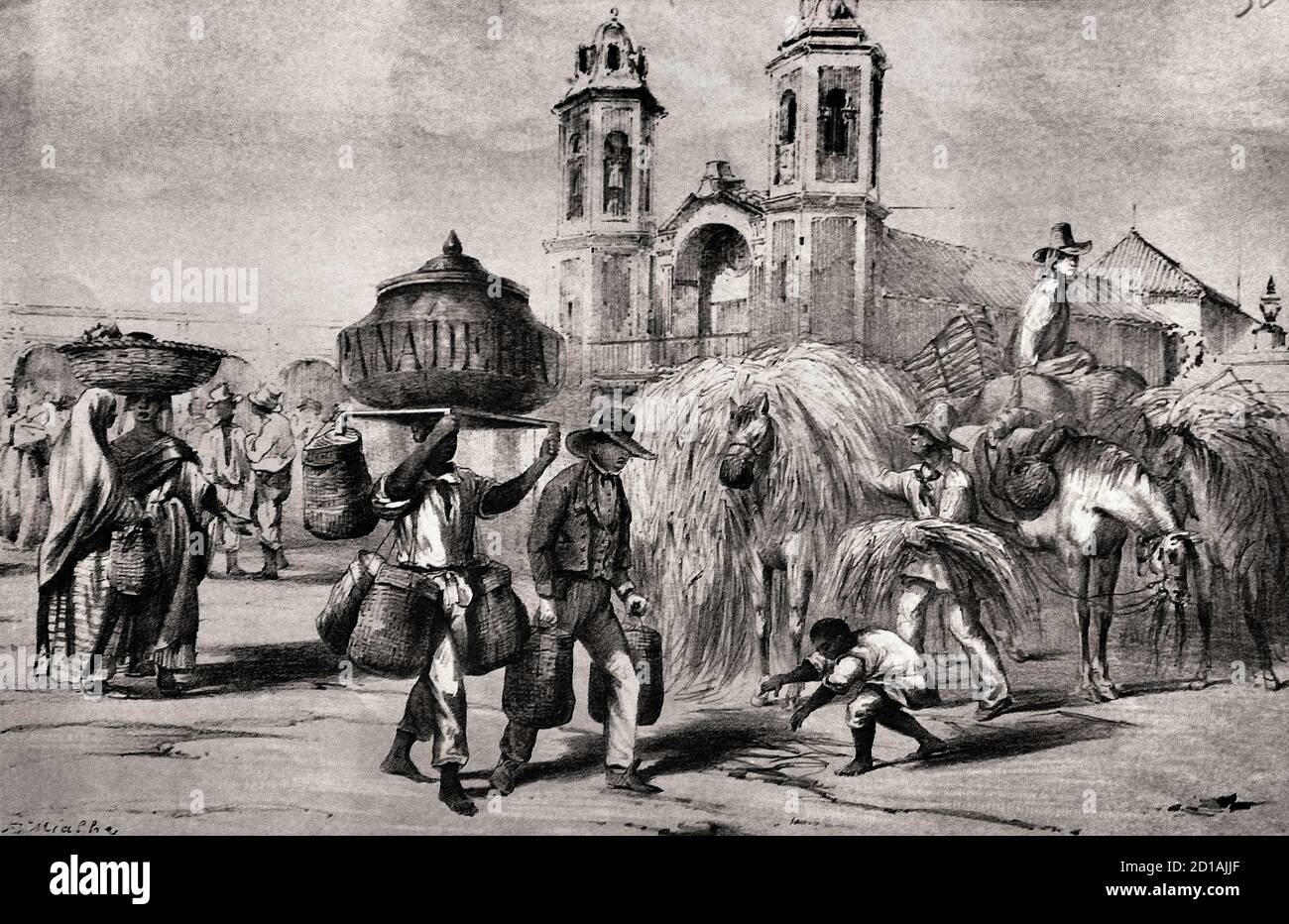 Der Bäcker und der Malojero (Havanna) Mialhe, Federico 1847-1848 Frankreich, Französisch , ( auf der rechten Seite war der Futterverkäufer Malojero mit seinem Sklaven. Maloja ist ein kubanisches Wort, das oft verwendet wird, um Futter aus Mais zu beschreiben, aber es kann sich auch auf Futter aus Gräsern beziehen.) Stockfoto