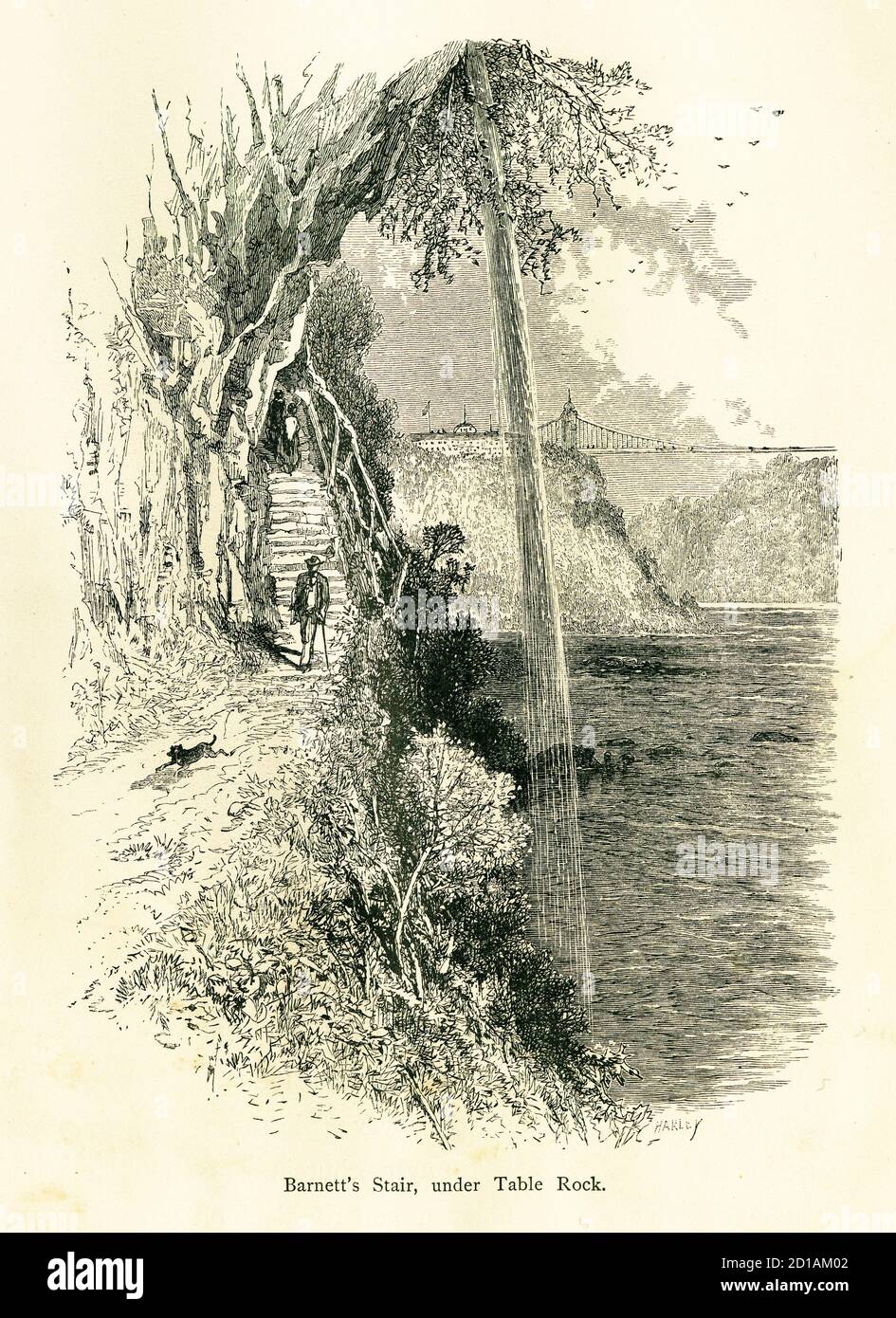 Stich aus dem 19. Jahrhundert von Barnett's Stair under Table Rock, Ontario, USA. Illustration veröffentlicht in malerischen Amerika oder das Land We Live in (D. Anw Stockfoto