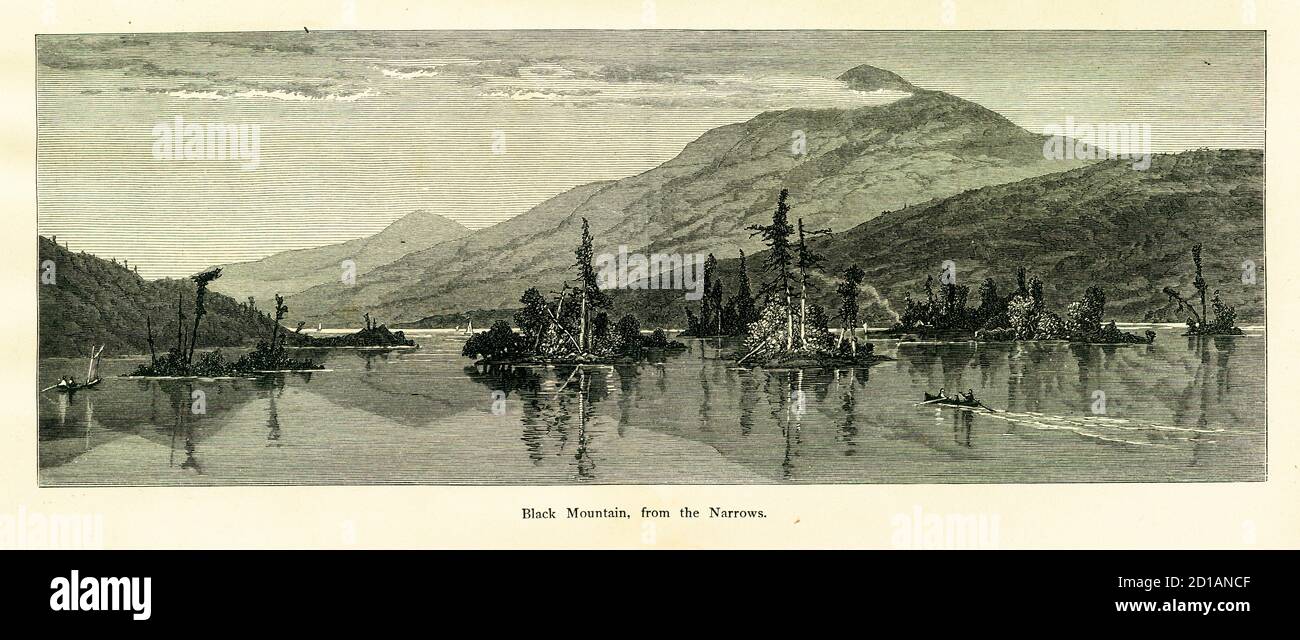 Antike Gravur von Black Mountain aus 'The Narrows' von Lake George, US-Bundesstaat New York. Illustration veröffentlicht im malerischen Amerika oder Stockfoto