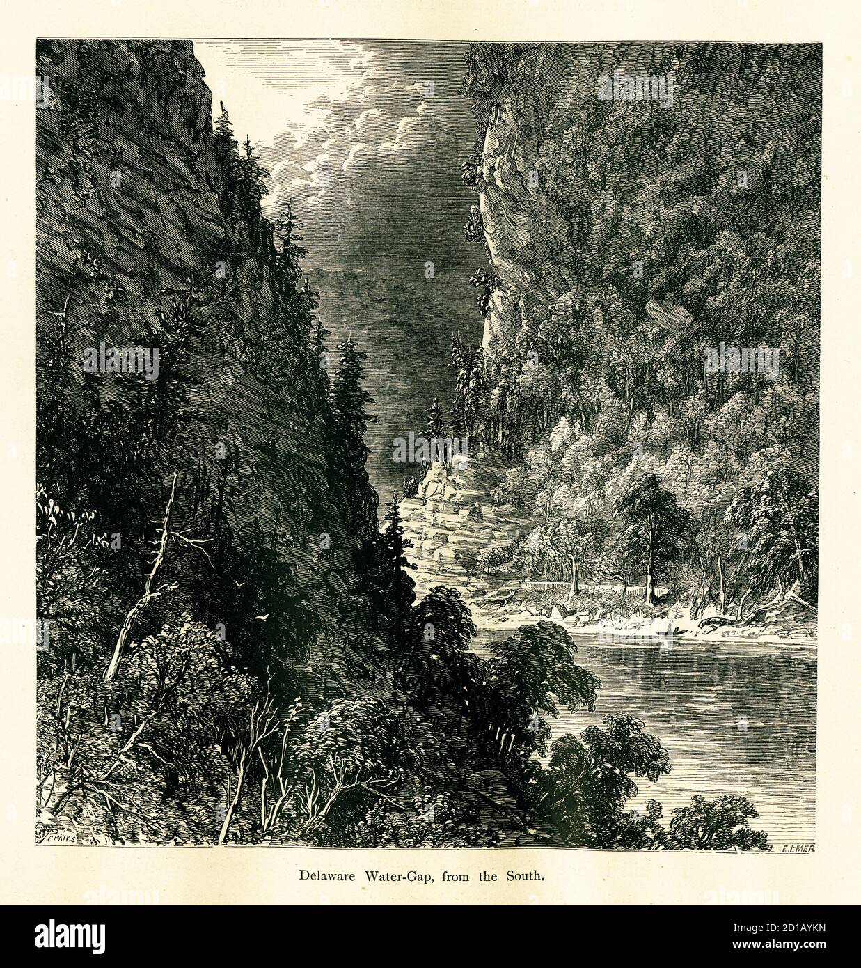 Holzstich von Delaware Water Gap an der Grenze von New Jersey und Pennsylvania, USA. Illustration veröffentlicht im malerischen Amerika oder das Land We L Stockfoto