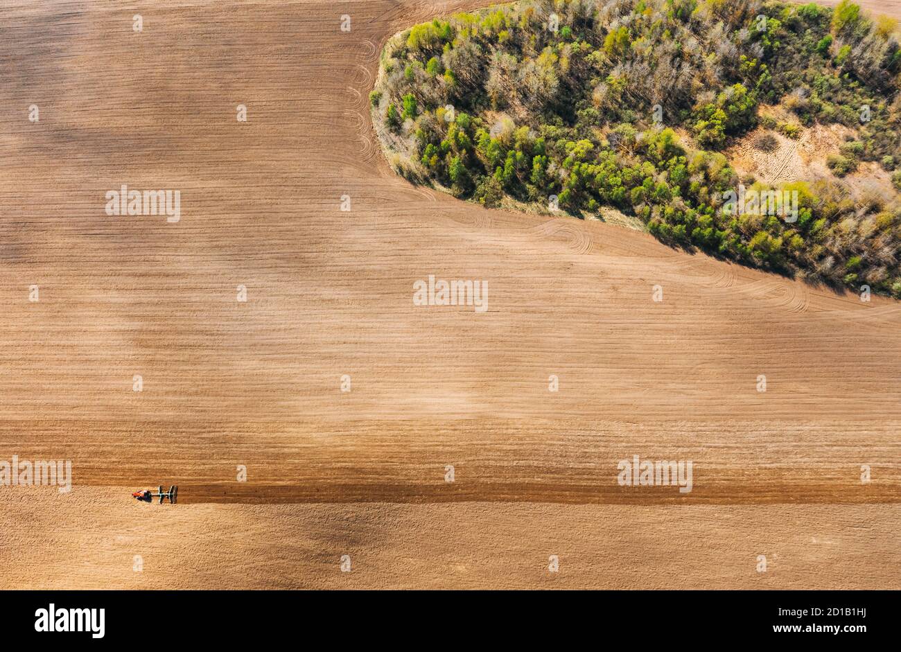 Traktor Pflügefeld Im Frühjahr. Beginn Der Landwirtschaftlichen Saison. Grubber gezogen von EINEM Traktor auf dem Land ländlichen Feld. Feld Auf Dem Land Stockfoto