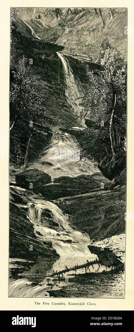 Stich der fünf Kaskaden aus dem 19. Jahrhundert, Kaaterskill Clove in Catskill Mountains, US-Bundesstaat New York. Stich veröffentlicht im malerischen Ameri Stockfoto