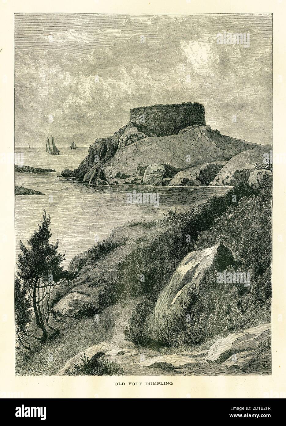 Antike Gravur von Fort Dumpling in Jamestown, US-Bundesstaat Rhode Island. Illustration veröffentlicht in malerischen Amerika oder das Land We Live in (D. Stockfoto