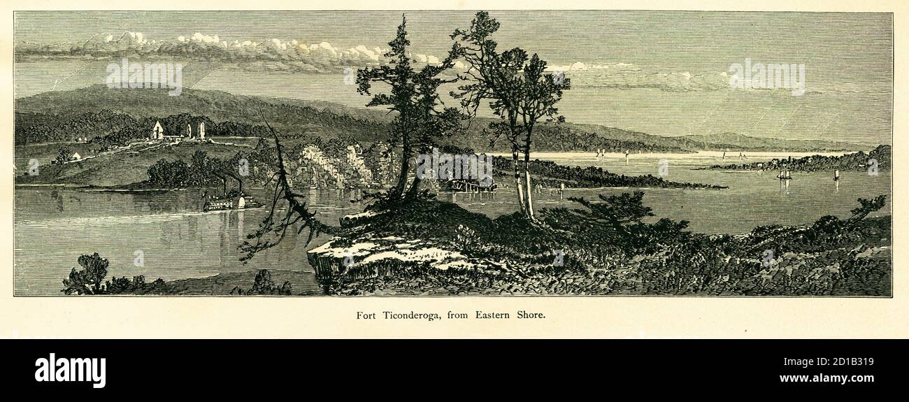Illustration des Fort Ticonderoga aus dem 19. Jahrhundert, vom Ostufer des Lake Champlain in New York, USA. Illustration veröffentlicht in malerisch Stockfoto