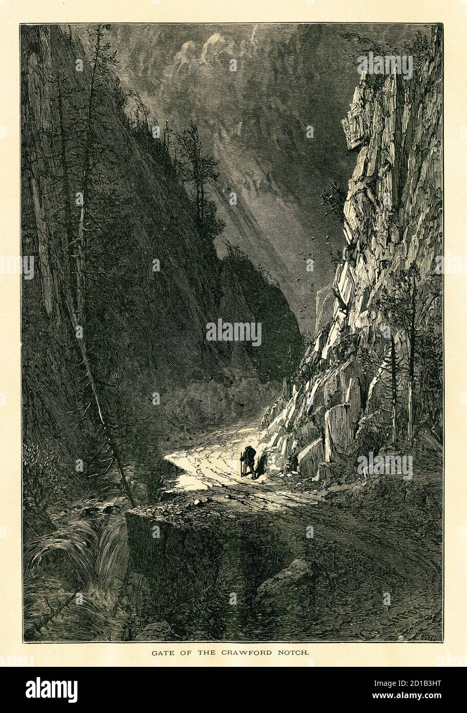 Stich aus dem 19. Jahrhundert des Tores von Crawford Notch in den White Mountains von New Hampshire. Illustration veröffentlicht im malerischen Amerika oder dem LAN Stockfoto