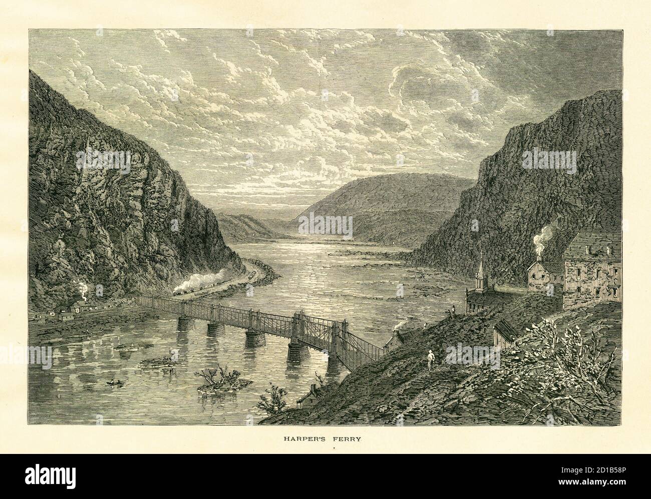 Stich aus dem 19. Jahrhundert von Harpers Ferry, einer Stadt, in der sich die US-Bundesstaaten Maryland, Virginia und West Virginia treffen. Abbildung im Bild veröffentlicht Stockfoto