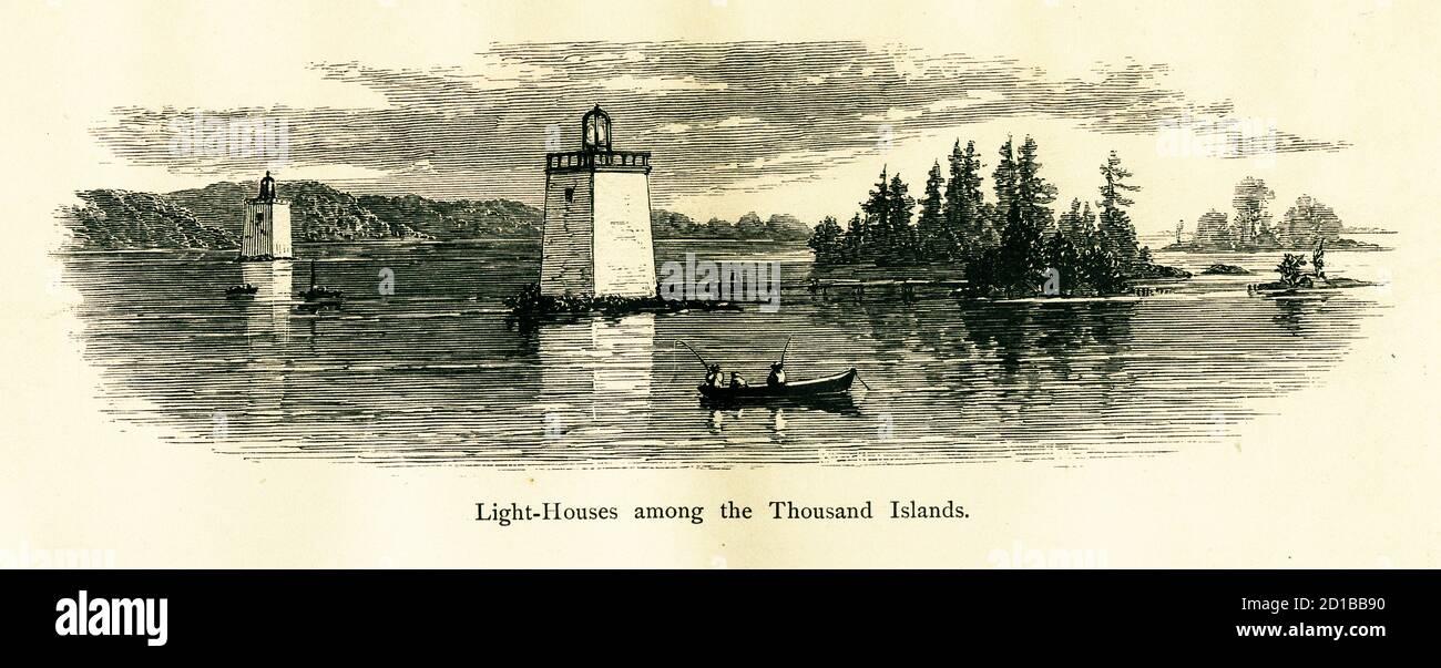Antike Gravur von Leuchttürmen unter den Thousand Islands, einem Archipel im Saint Lawrence River, USA. Stich veröffentlicht im malerischen Ameri Stockfoto
