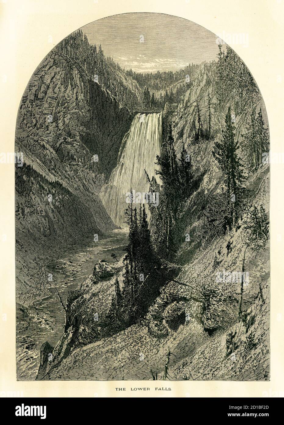Antike Gravur mit Darstellung der Lower Yellowstone Falls im Yellowstone National Park, USA. Sie sind der größte große Wasserfall in den Rocky Mountains Stockfoto