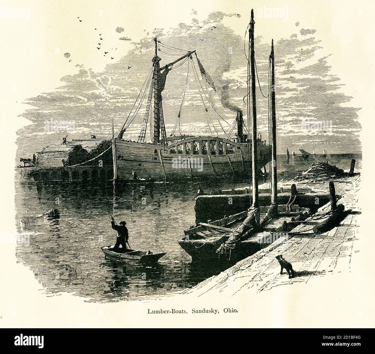 Holzstich von Holzbooten an der Küste von Sandusky, Ohio, Holzstich (1872). Illustration veröffentlicht im malerischen Amerika oder dem LAN Stockfoto