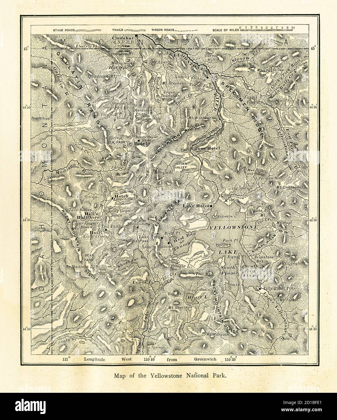 Holzstich einer Karte des Yellowstone National Park aus dem 19. Jahrhundert, der sich hauptsächlich im US-Bundesstaat Wyoming befindet. Illustration veröffentlicht in picturesq Stockfoto