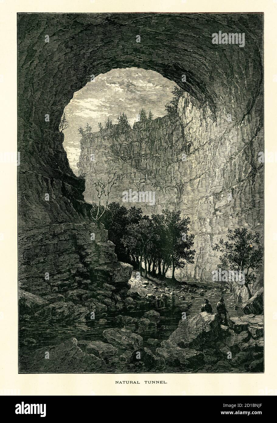 Antiker Holzstich des Innenraums des Natural Tunnel, einer Höhle in den Appalachian Mountains, US-Bundesstaat Virginia. Abbildung in Pictu veröffentlicht Stockfoto