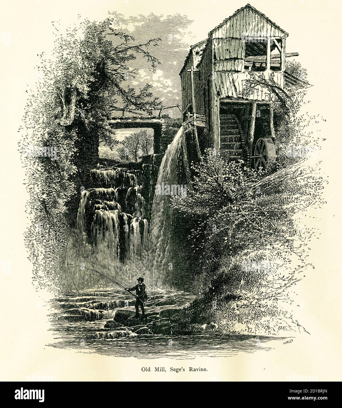 Gravur einer alten Mühle an der Mündung von Sage's Ravine in der Nähe von Salisbury, US-Bundesstaat Connecticut. Illustration in malerischer A veröffentlicht Stockfoto