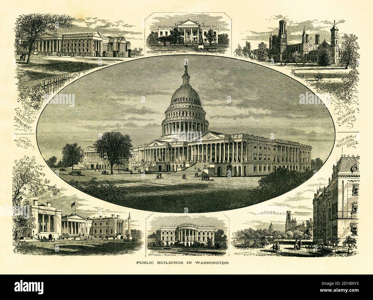 Antike Illustration von öffentlichen Gebäuden in Washington D.C. - United States Department of the Treasury, Vorderansicht des Weißen Hauses, Smithsonian ins Stockfoto