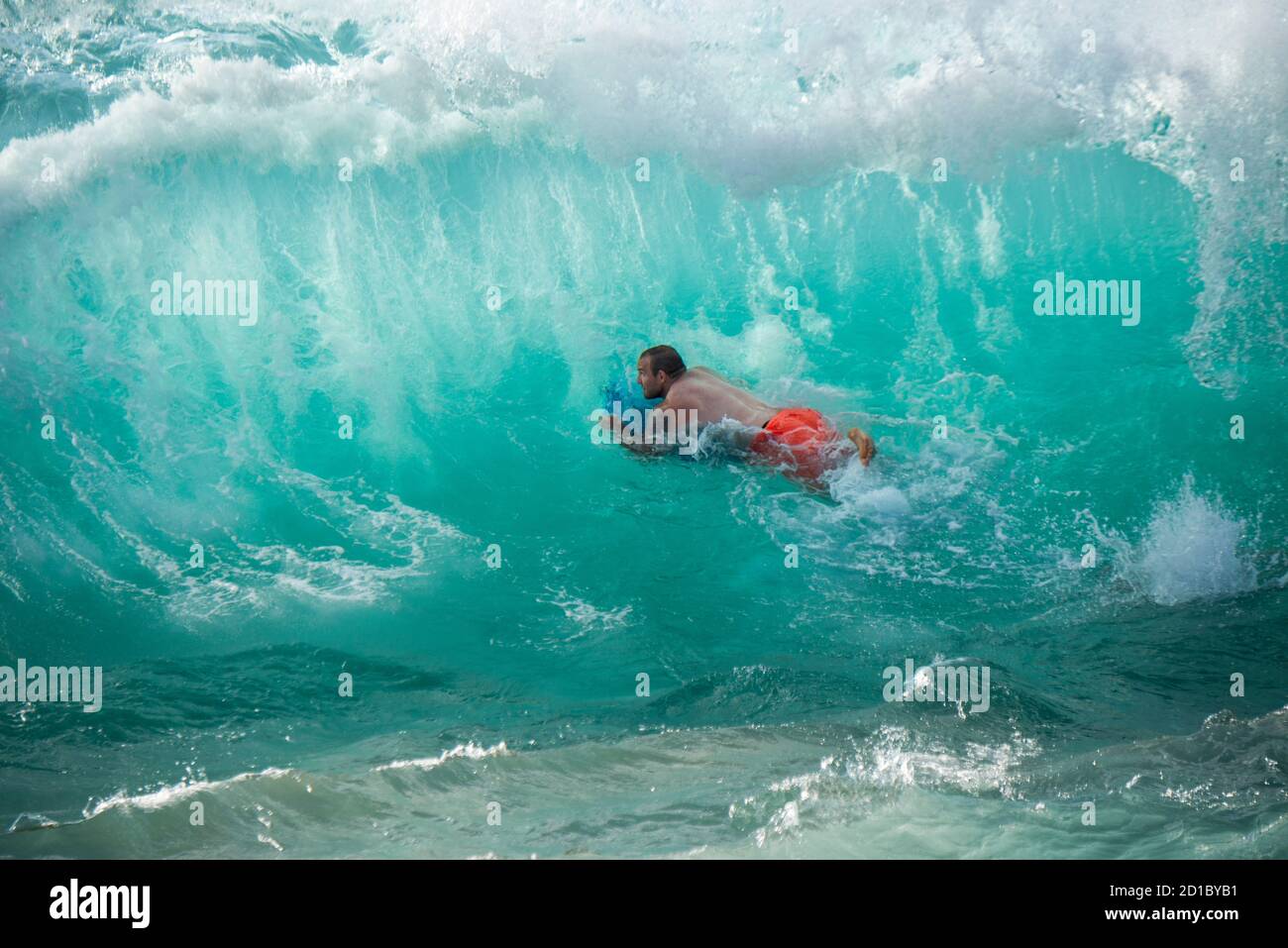 Maui, Hawaii. Junger Mann auf einem Boogie Board, der von einer riesigen Welle verschluckt wird. Stockfoto