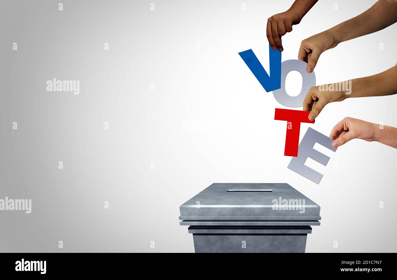 Präsident Wahl und Wahl Vielfalt Konzept als verschiedene Hände Gießen Stimmzettel in einem Wahllokal als ein demokratisches Recht in einer Demokratie. Stockfoto
