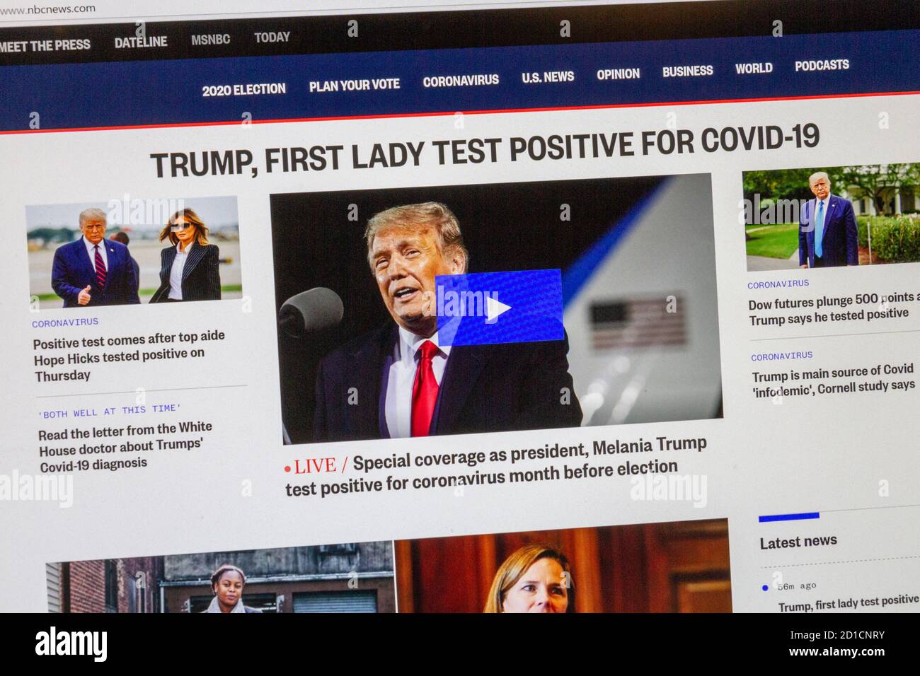 Screenshot der Fox News-Website, auf der bekannt gegeben wird, dass US-Präsident Donald Trump am 2. Oktober 2020 für Covid-19 positiv getestet hatte. Stockfoto