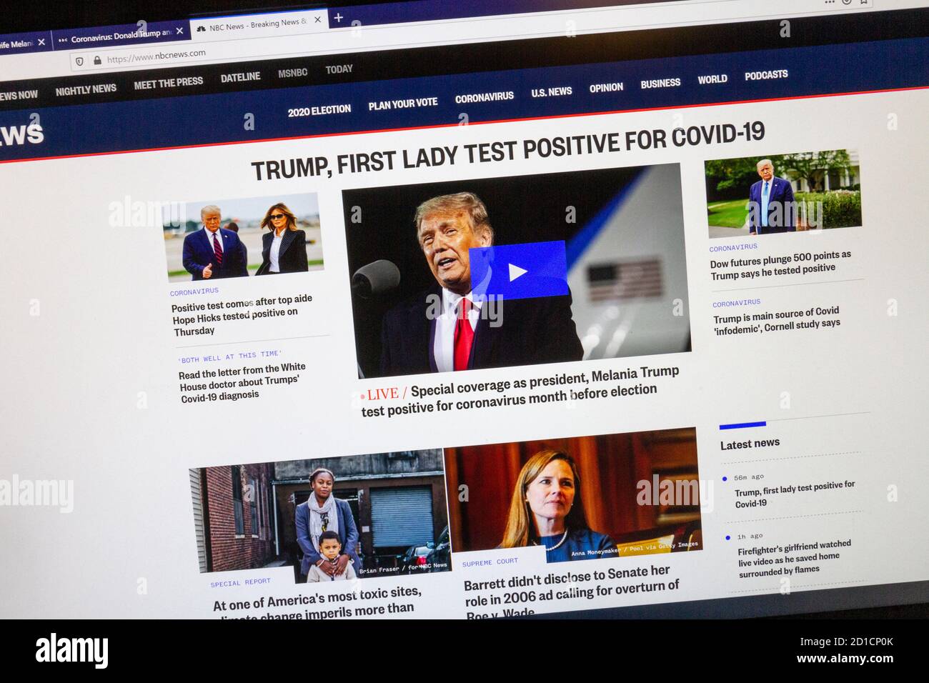 Screenshot der Fox News-Website, auf der bekannt gegeben wurde, dass US-Präsident Donald Trump am 2. Oktober 2020 positiv auf Covid-19 getestet hatte. Stockfoto