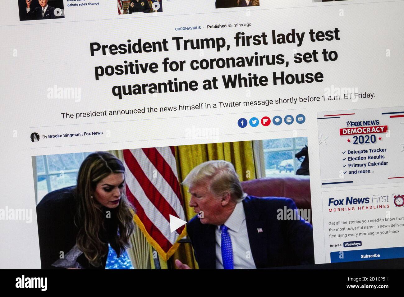 Screenshot der Fox News-Website, auf der bekannt gegeben wurde, dass US-Präsident Donald Trump am 2. Oktober 2020 positiv auf Covid-19 getestet hatte. Stockfoto