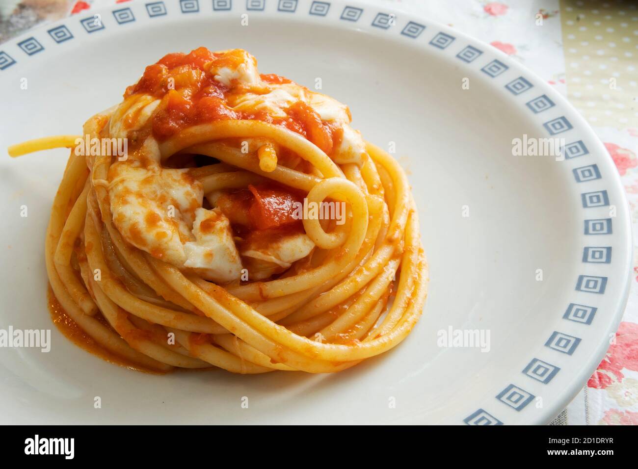 Bucatini Pasta alla Sorrentina, mit Tomaten und Mozzarella Stockfoto