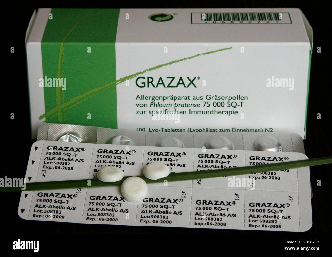Eine Bildilustration zeigt einen Impfstoff auf Tablettenbasis gegen die  Pollenallergie von Gras, der während einer Pressekonferenz am 19. Januar  2007 in Hamburg gezeigt wurde. GRAZAX von Alk-Scherax, eine deutsche  Tochtergesellschaft des dänischen