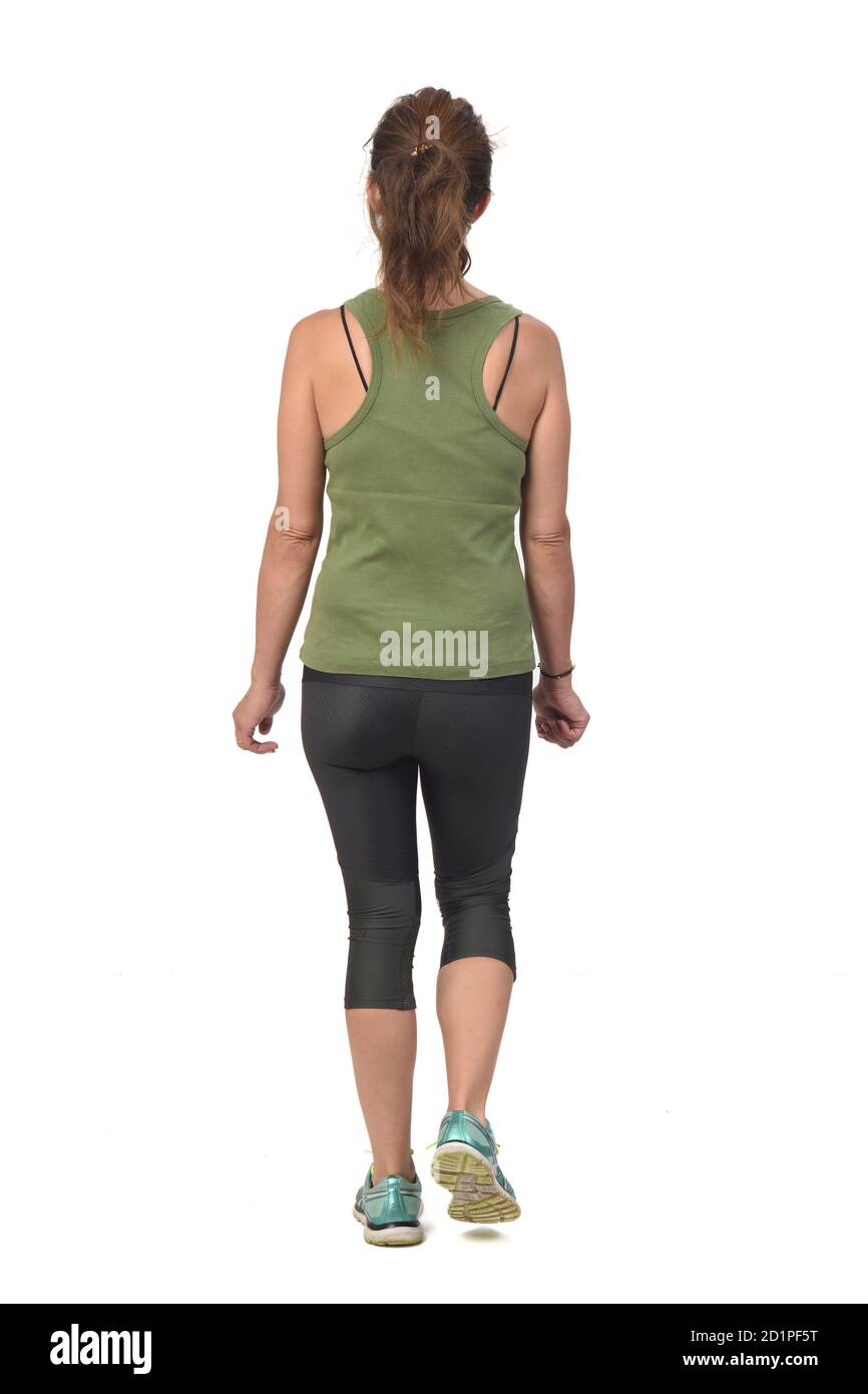 Rückansicht einer Frau mit Sportkleidung, die auf weißem Hintergrund läuft, Stockfoto