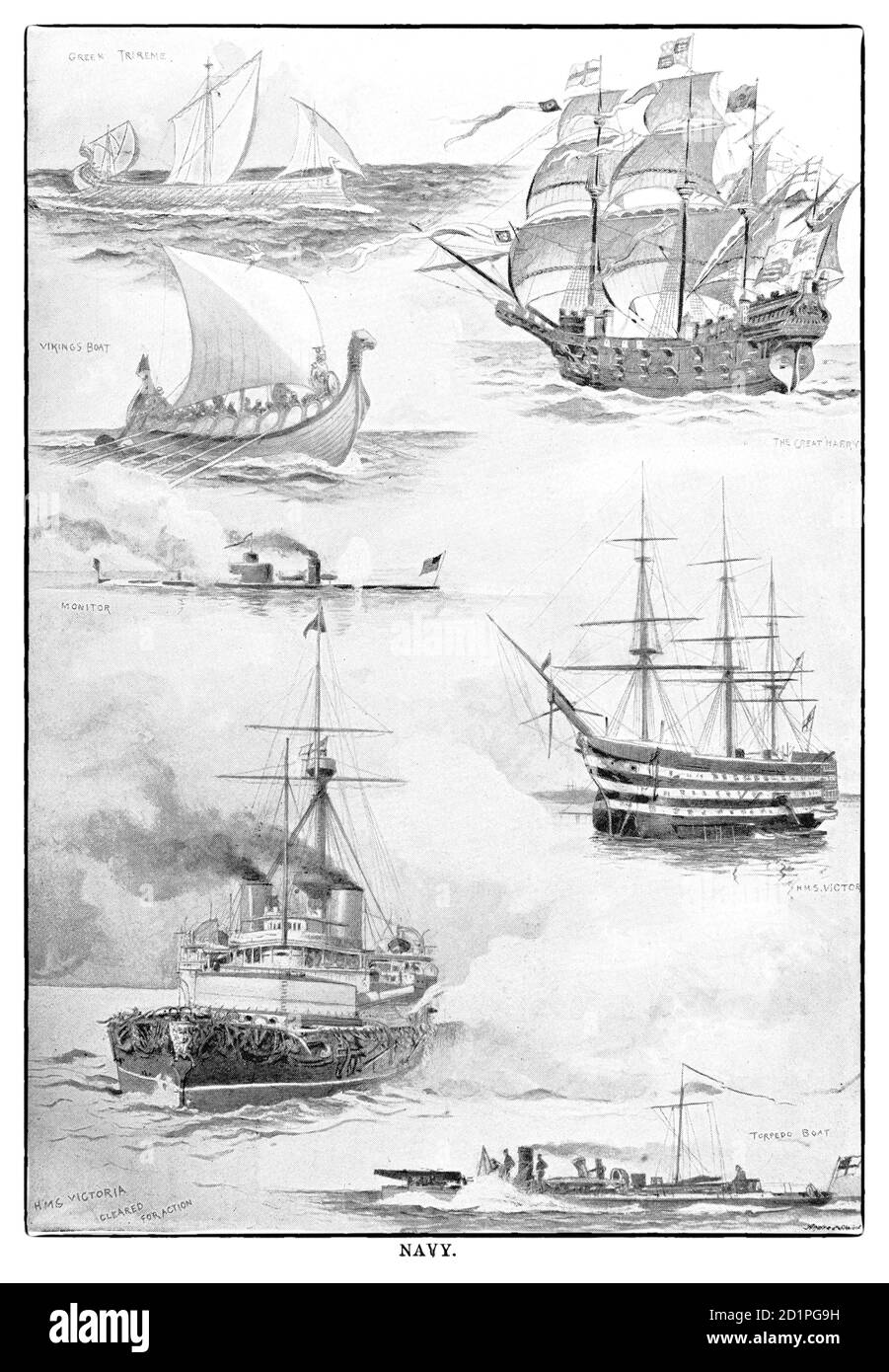 Eine Karte aus dem späten 19. Jahrhundert, die verschiedene Seeschiffe von griechischen Triremen ab 500 v. Chr. bis hin zu eisengedeckten Schiffen des späten 19. Jahrhunderts zeigt. Stockfoto