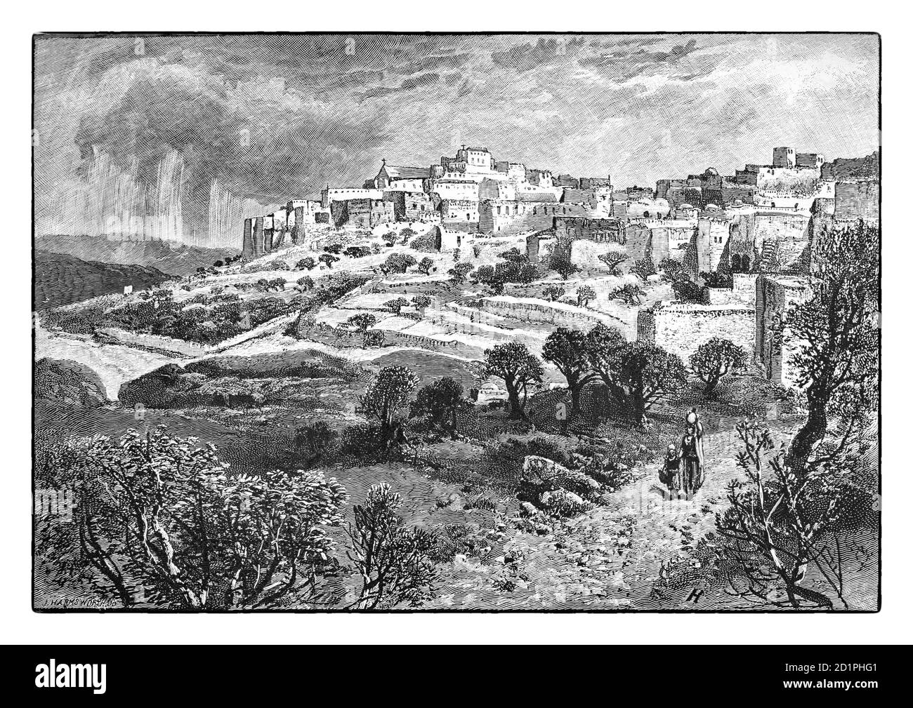 Eine Ansicht aus dem 10. Jahrhundert von Bethlehem, dem Geburtsort von Christus, einer Stadt im zentralen Westjordanland, Palästina, etwa 6.2 km (  Meilen) südlich von Jerusalem. Zum Zeitpunkt der Skizze war die Stadt einmal seit 1841 unter osmanischer Herrschaft und blieb so bis zum Ende des Ersten Weltkriegs Stockfoto