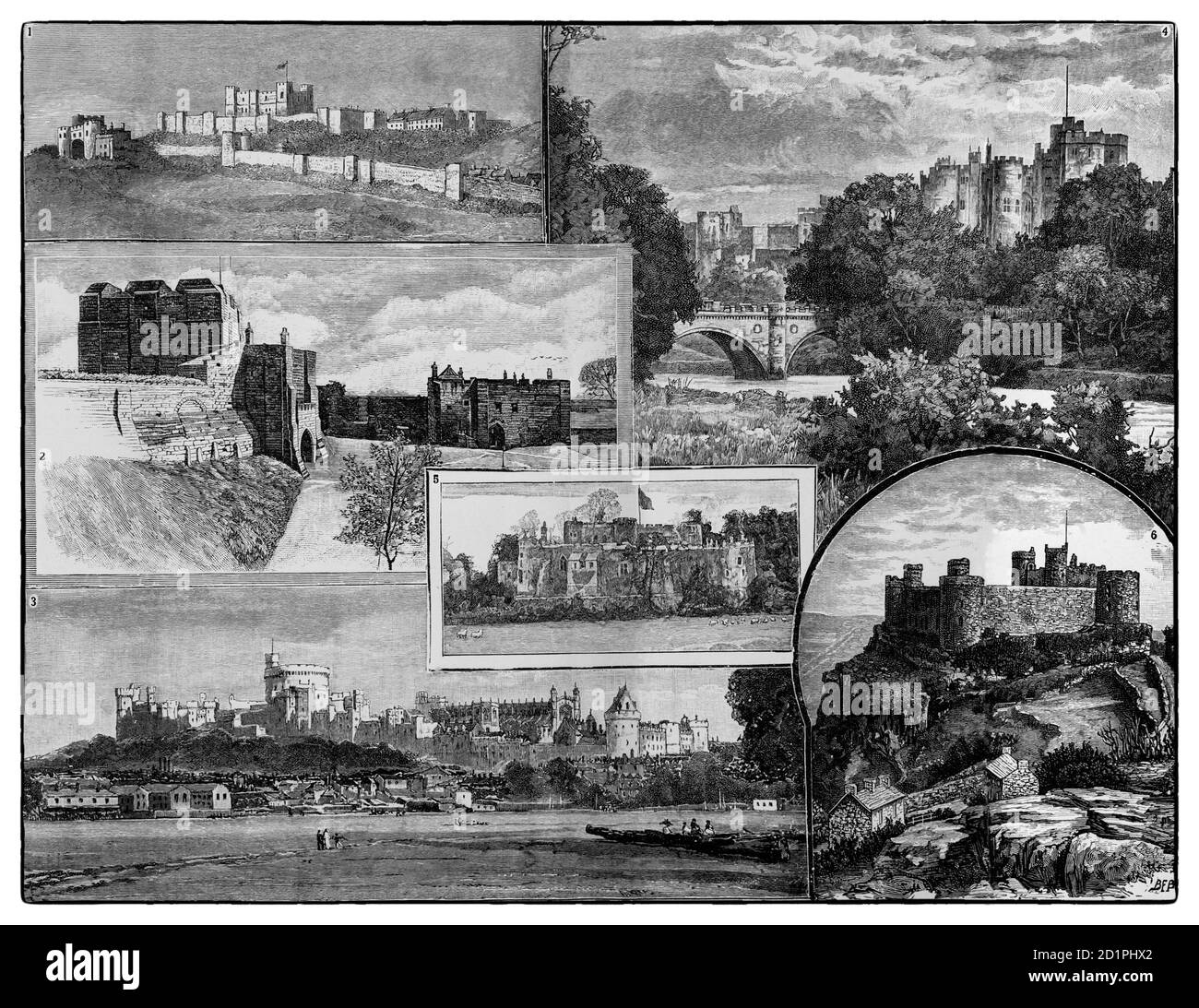 Eine Collage britischer Burgen aus dem 19. Jahrhundert, 1. Dover Castle: 2. Schloss Carlisle: 3. Windsor Castle: 4. Alnwick Castle:, 5. Berkeley Castle und schließlich 6. Harlech Castle. Stockfoto