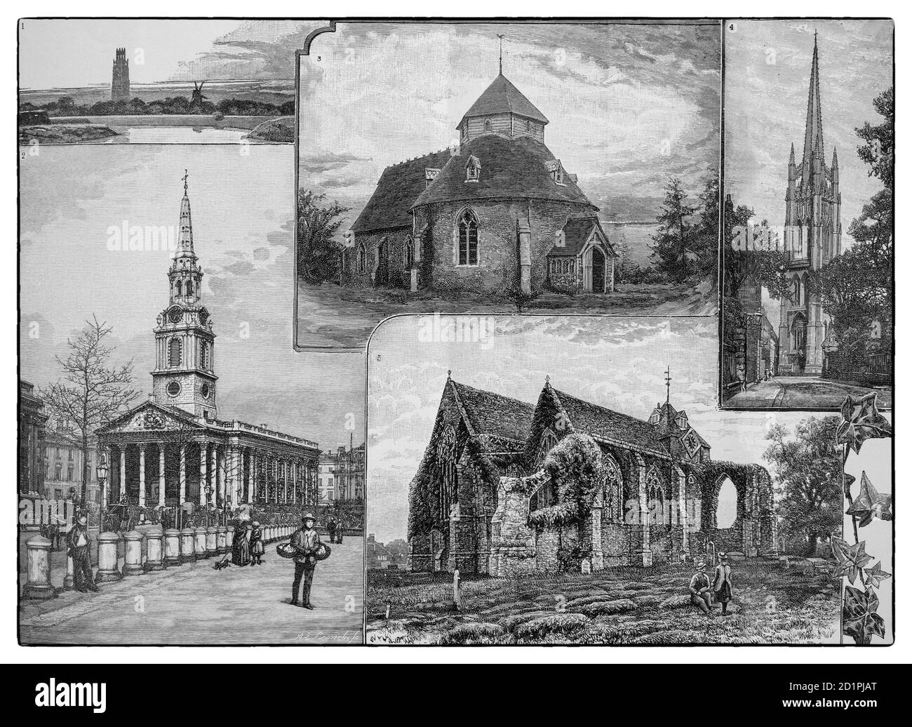 Eine Collage britischer Kirchen aus dem 19. Jahrhundert, 1. Boston Stump, Lincolnshire: 2. St Martin-in-the-Fields, London: 3. Little Maplestead, Essex: 4. Louth, Lincolnshire 5. Winchelsea, East Sussex. Stockfoto