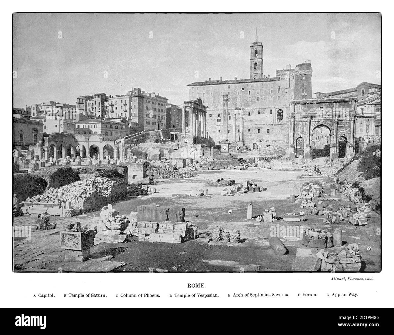 Ein Foto aus dem späten 19. Jahrhundert von Rom, Italien, das verschiedene antike Monumente illustriert, Stockfoto