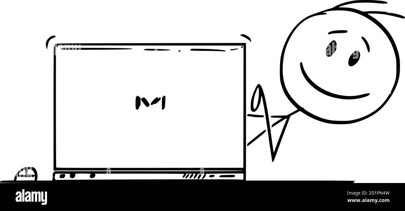 Vektor Cartoon Stick Figur Zeichnung konzeptionelle Illustration von lächelnden glücklichen Mann, Büroangestellte oder Geschäftsmann Eingabe auf Computer und Blick von hinter Laptop. Stock Vektor