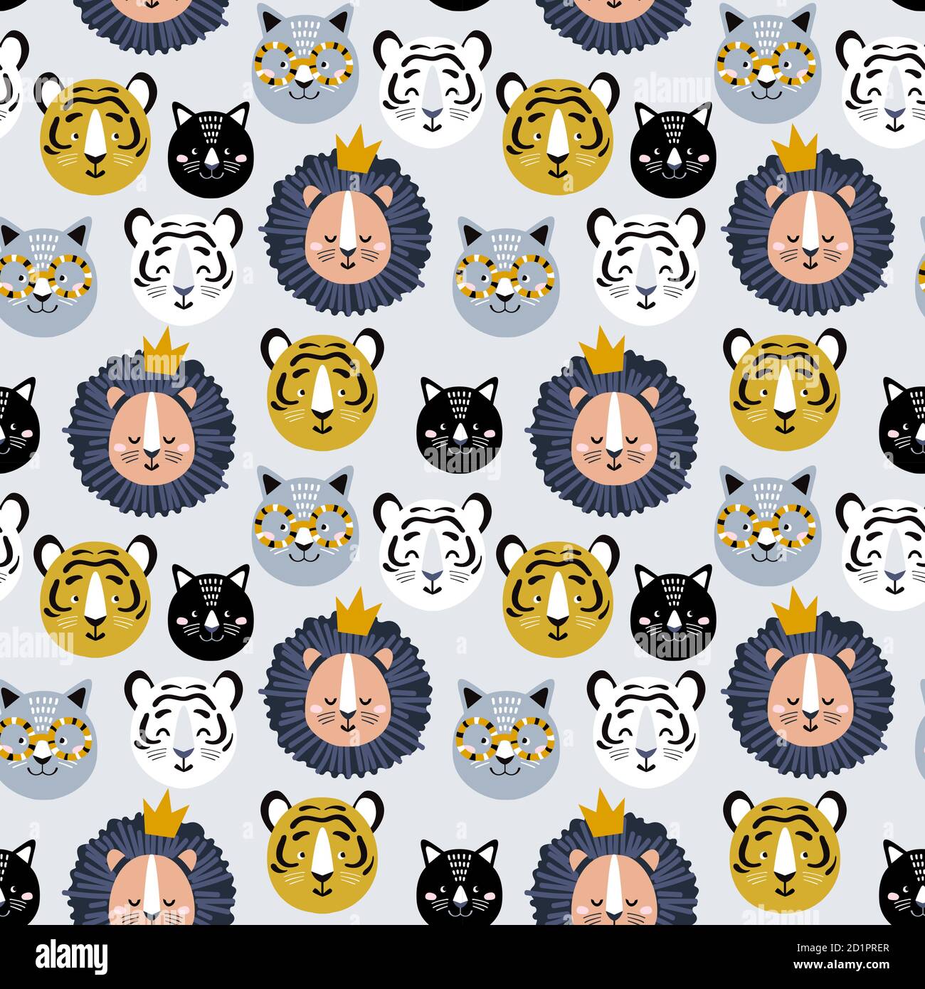 Kindisch nahtloses Muster mit handgezeichneten Löwen, Tigern und Katzen. Kreative Kinder für Stoff, Verpackung, Textil, Tapete, Kleidung. Vektorgrafik Stock Vektor