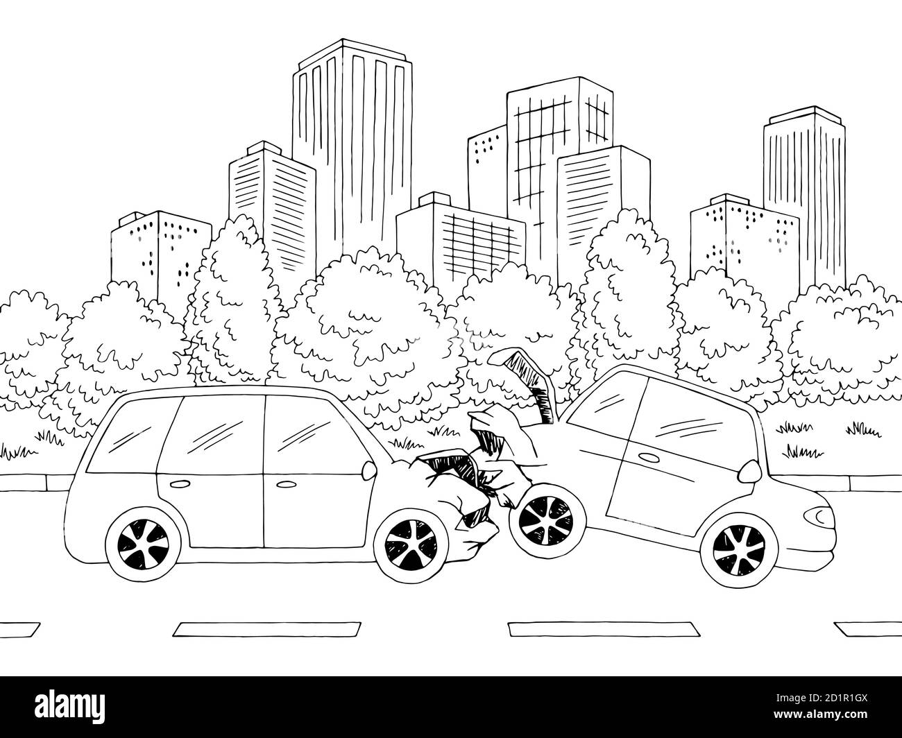 Auto Crash Straße Straße Grafik schwarz weiß Stadt Landschaft Skizze Illustrationsvektor Stock Vektor