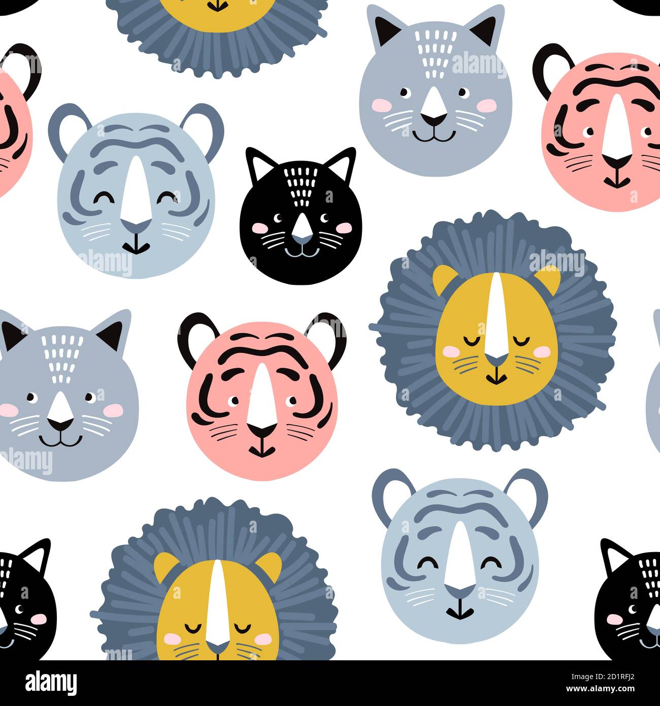 Kindisch nahtloses Muster mit handgezeichneten Löwen, Tigern und Katzen. Kreative Kinder für Stoff, Verpackung, Textil, Tapete, Kleidung. Vektorgrafik Stock Vektor