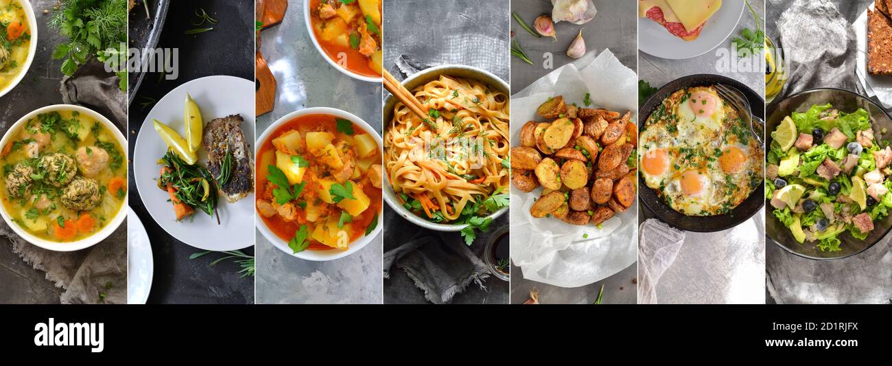 Collage von verschiedenen Lebensmitteln. Fleisch- und Gemüsegerichte. Menü. Essen auf den Tellern. Stockfoto