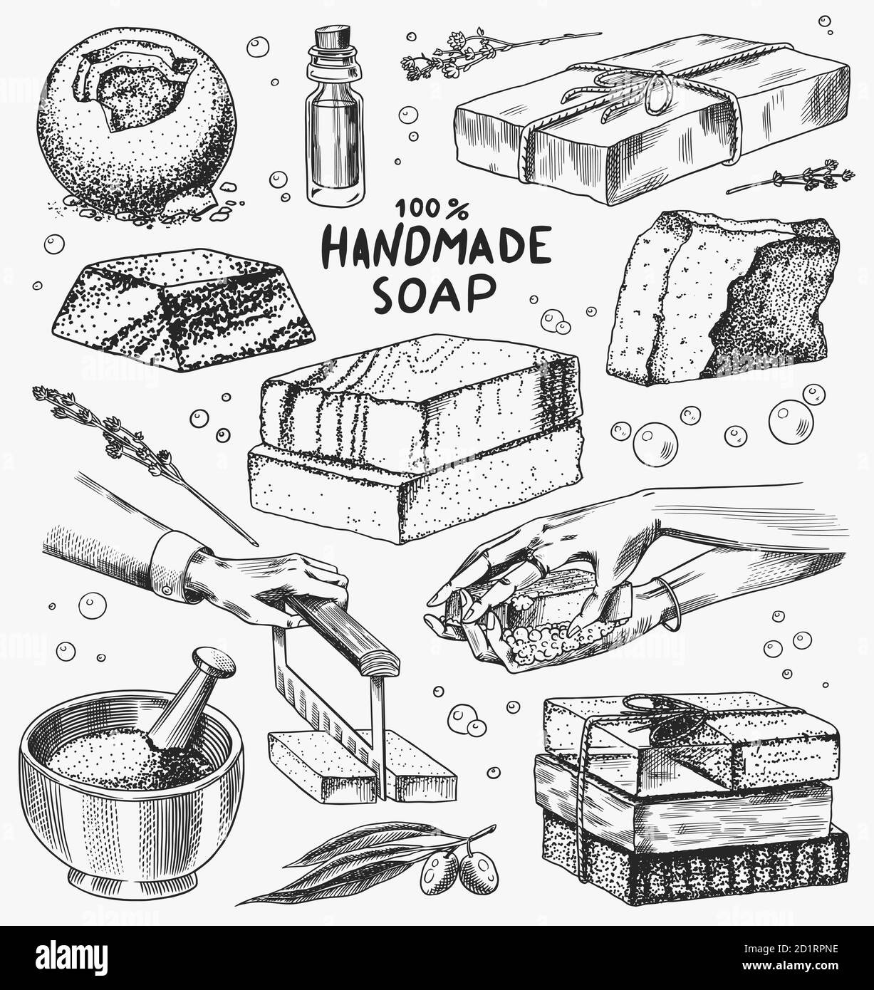 Seifenblasenbad Set. Hände waschen im Vintage-Stil. Selbstgemachte Verpackung. Schaumproduktion. Bio-Kosmetik, natürlicher Schaum. Gezeichnet A Stock Vektor