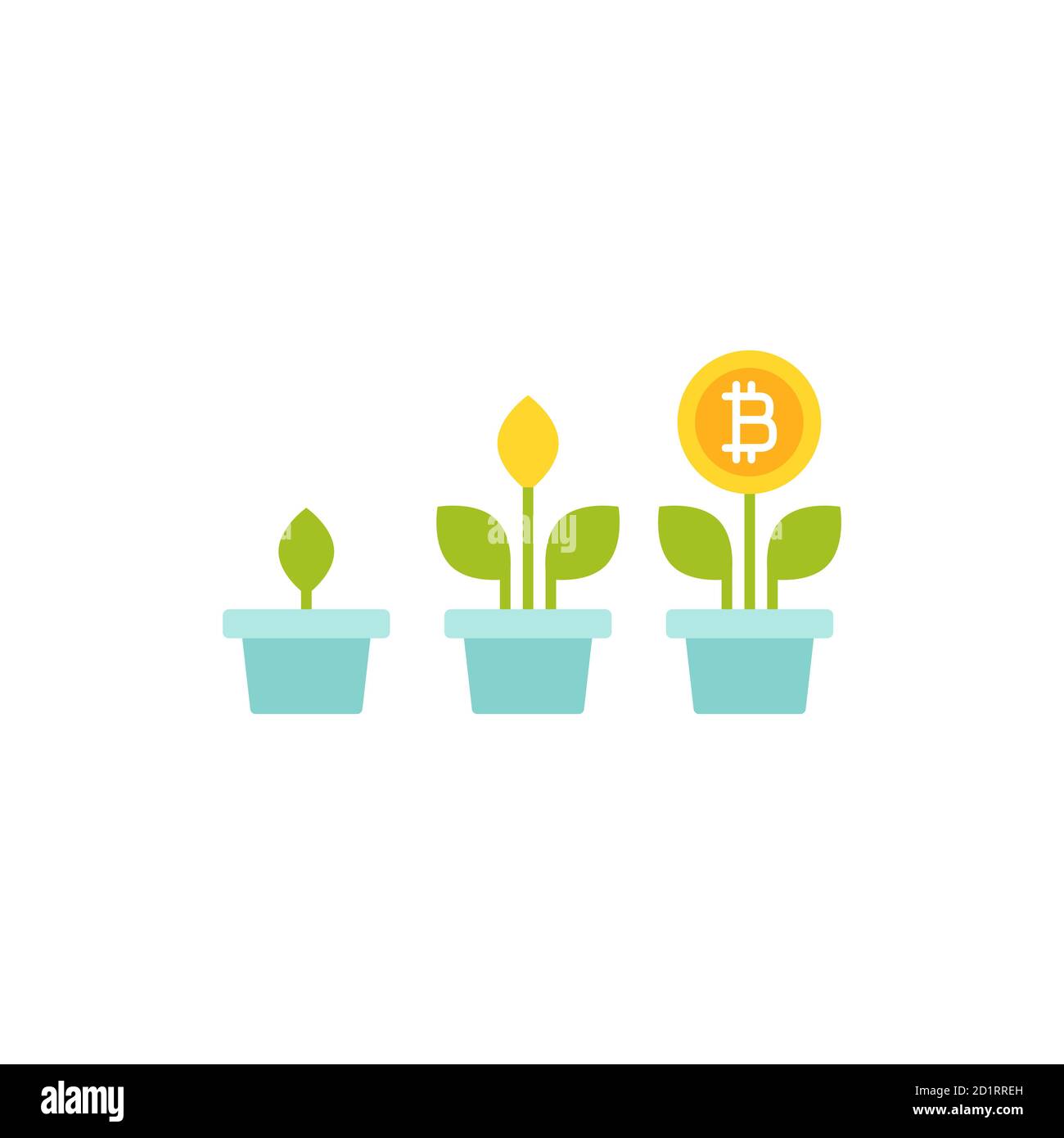 Pflanze in Topf mit grünen Blättern und Bitcoin als Blume. vektor-Symbol. Symbol für flaches Einkommenswachstum. Isoliert auf Weiß. Wirtschaft, Finanzen, Geld Symbol. Krypta Stock Vektor