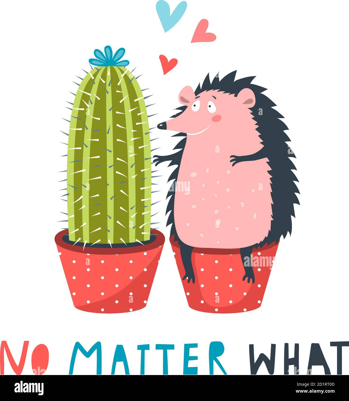Igel und Kaktus in Liebe Egal was Lustige Schrift Karte Stock