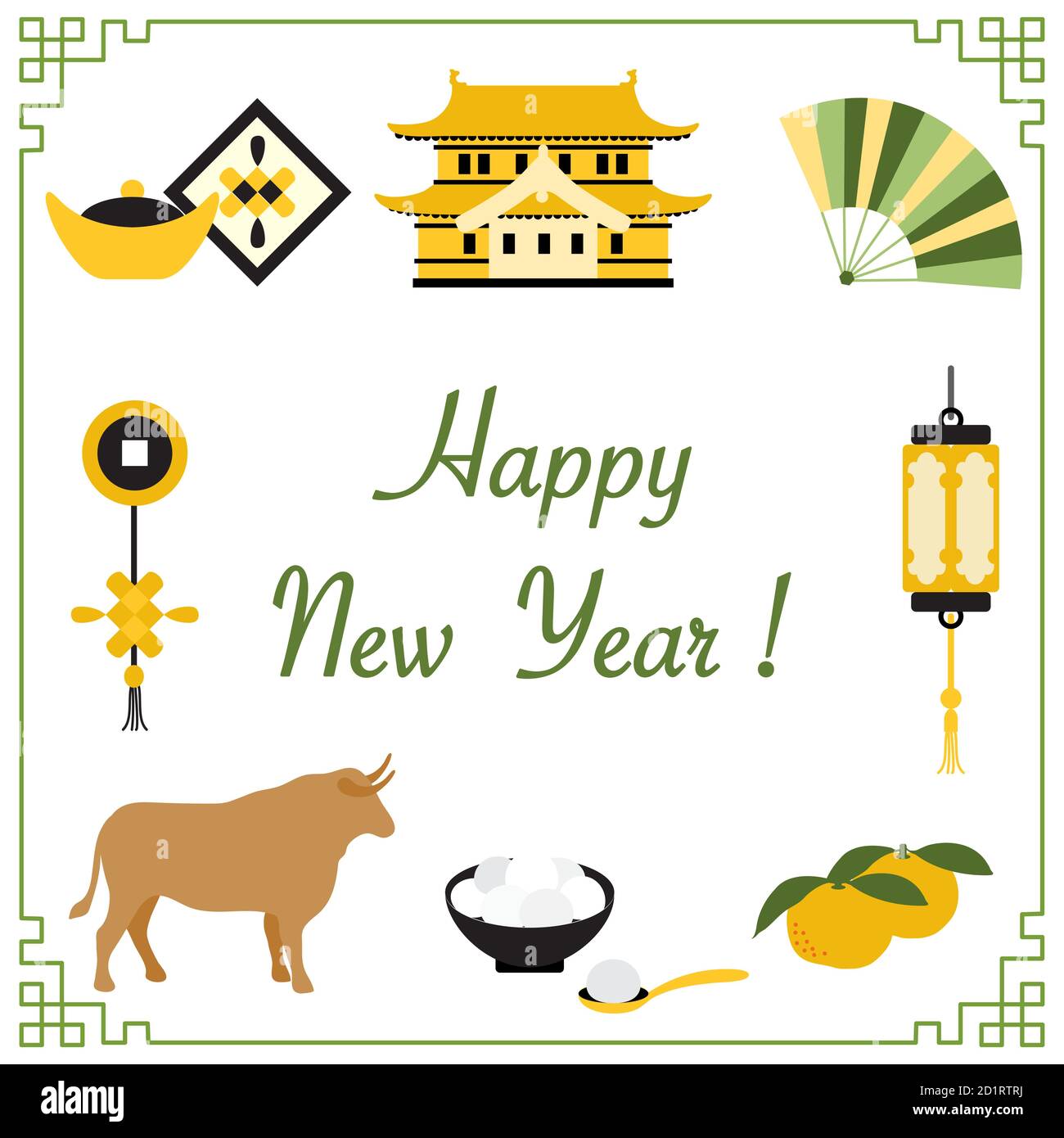 Symbole des chinesischen Neujahrs 2021 Vektor-Illustration Chinesische Laterne, Schloss, Fan, Mandarinen, Ingot, Lebensmittel süß Reisbälle tangyuam, Münze, Ochse. Ho Stock Vektor