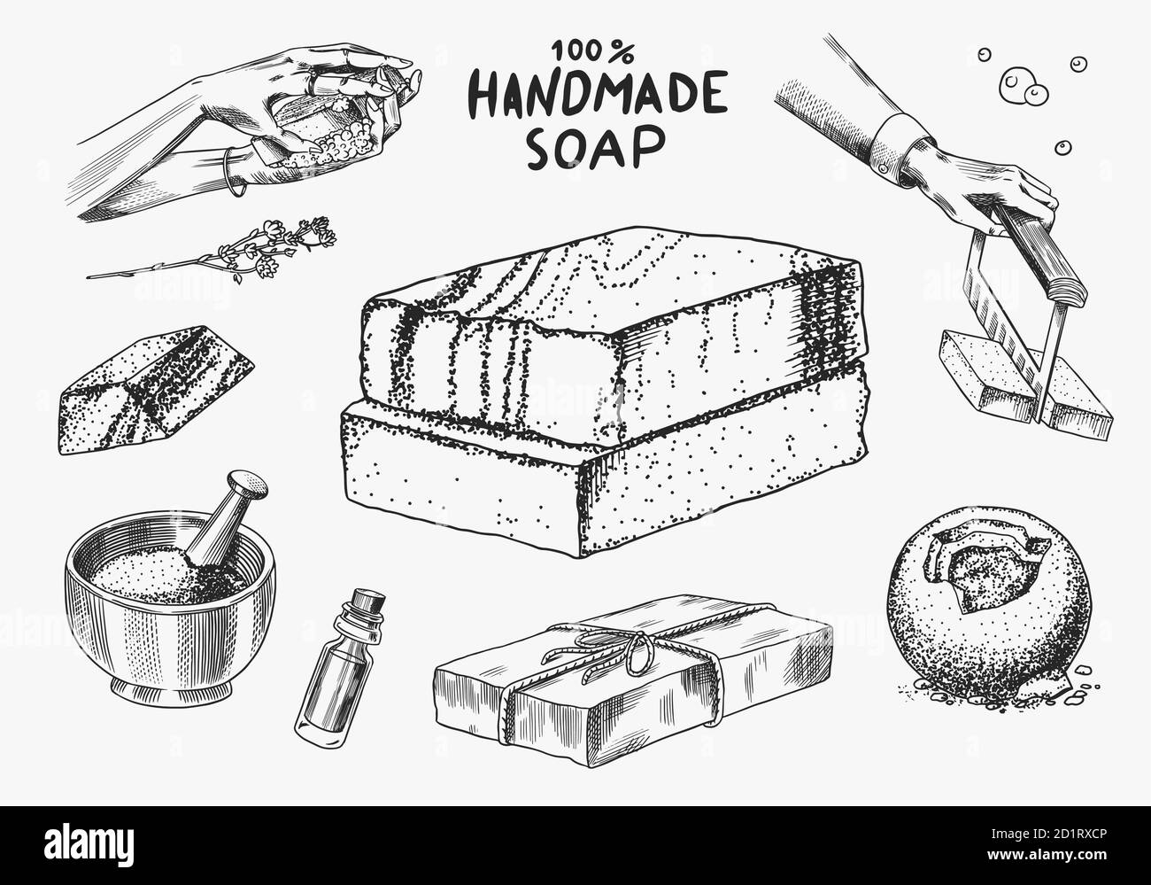 Ein Stück Seife. Hände waschen im Vintage-Stil. Selbstgemachte Verpackung. Schaumproduktion. Bio Bubble Kosmetik, natürlicher Schaum für Bad. Gezeichnet A Stock Vektor