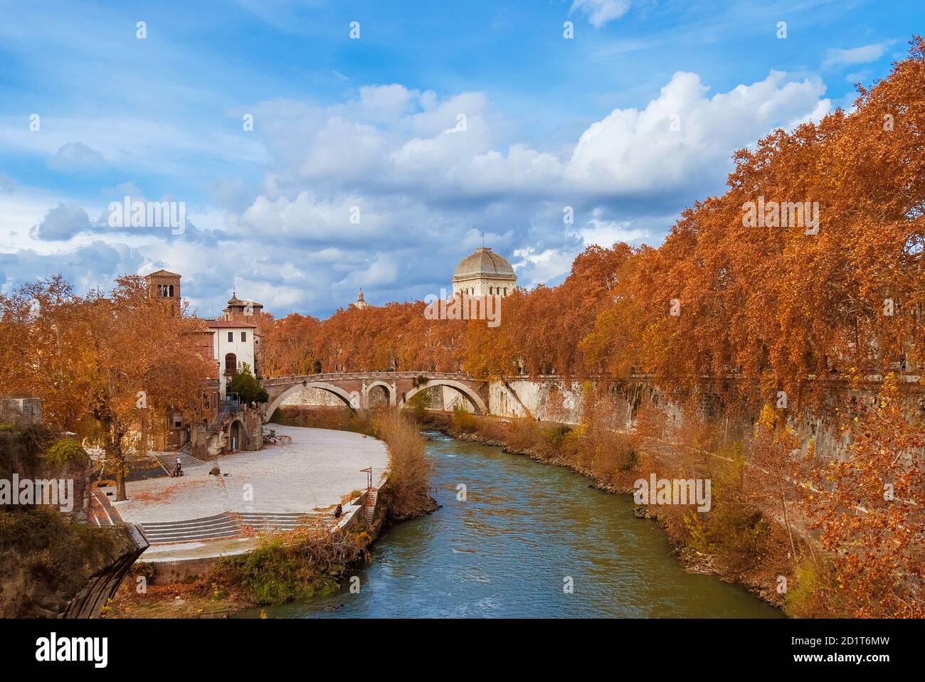 Herbst und Laub am Tiber. Schöne rote, orange und gelbe Blätter in der Nähe der Tiber Insel im historischen Zentrum von Rom Stockfoto Herbst und Laub am Tiber. Schöne rote, orange und gelbe Blätter in der Nähe der Tiber Insel im historischen Zentrum von Rom Stockfoto