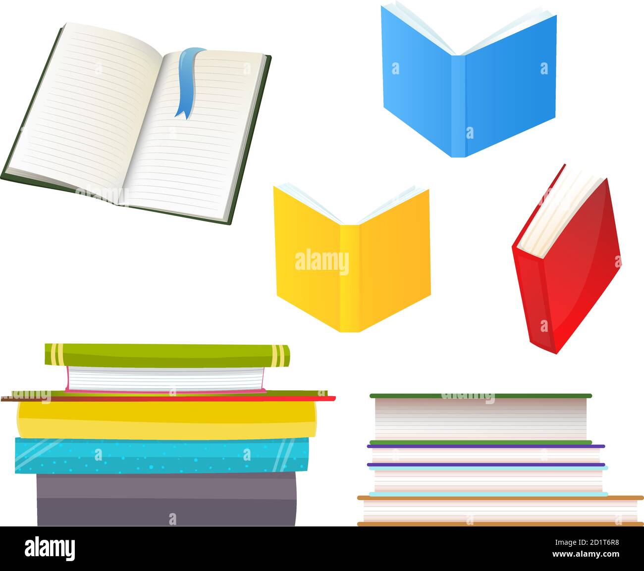 Viele Bücher Symbole isoliert in weißen flachen Vektor-Illustrationen gesetzt Stock Vektor