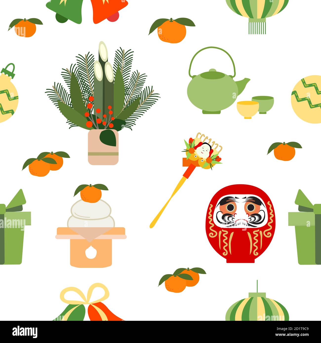 Vektor nahtlose Muster Symbole des japanischen Neujahr 2021. Daruma, asiatische Laterne, Wasserkocher Tasse, Lebensmittel, Rechen, Mandarinen, Geschenk, Glocke, Kiefer, Bambus dekorat Stock Vektor