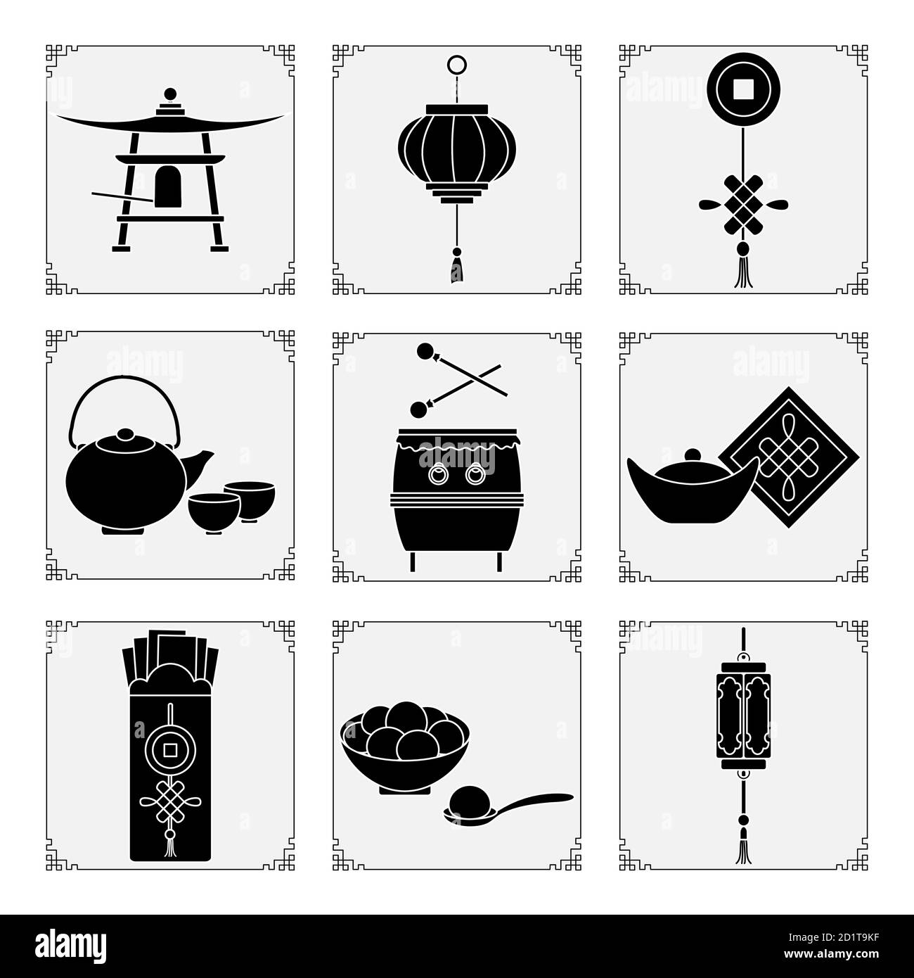 Symbole des chinesischen Neujahrs 2021 Vektor-Illustration Chinesische Laterne, Trommel, Glocke, Ingot, Lebensmittel süß Reisbälle tangyuam, Münze, Teekanne und Tassen, en Stock Vektor