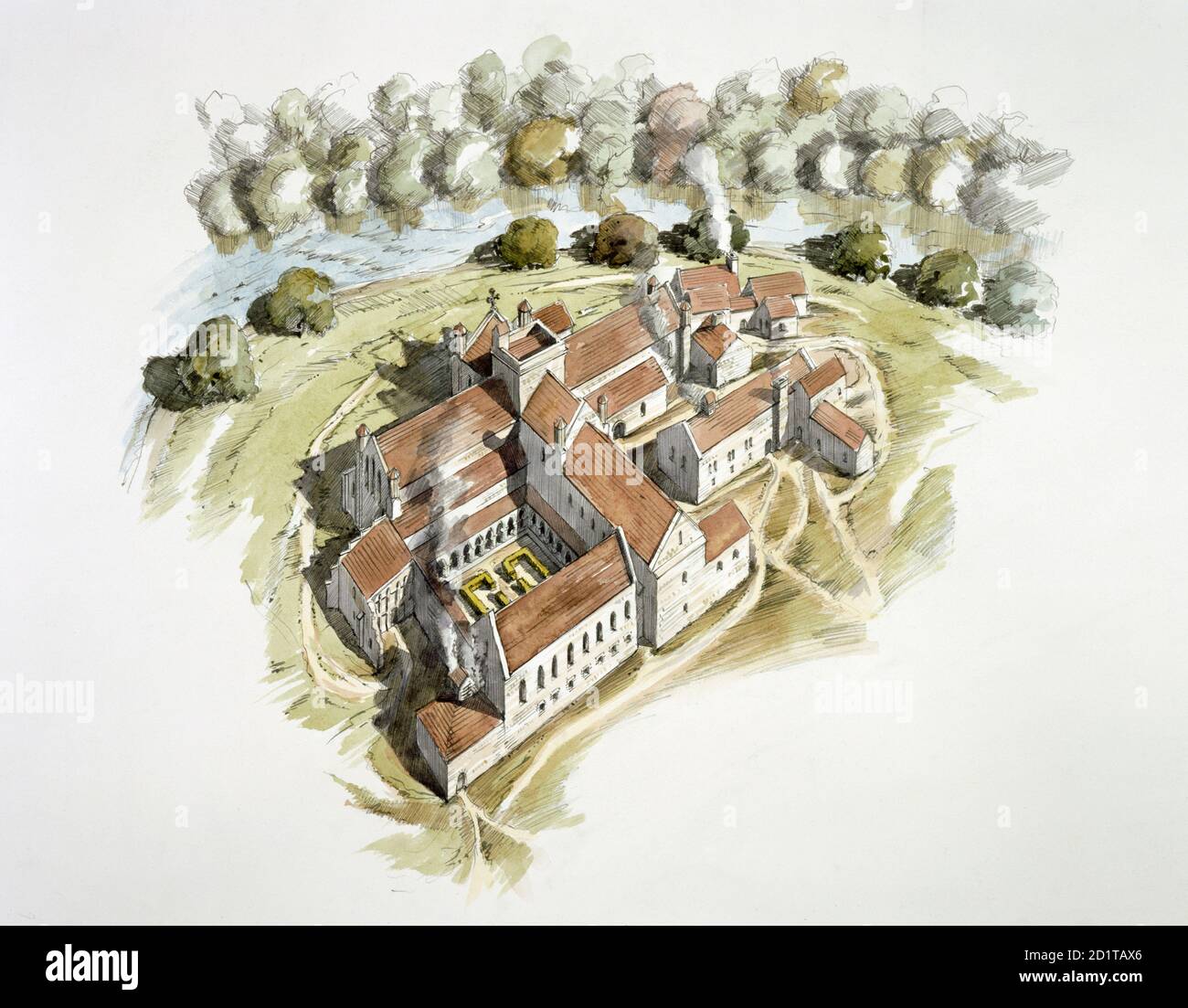 FINCHALE PRIORY, Durham. Das Kloster in c.1320. Rekonstruktionszeichnung von Peter Dunn (English Heritage Graphics Team). Stockfoto FINCHALE PRIORY, Durham. Das Kloster in c.1320. Rekonstruktionszeichnung von Peter Dunn (English Heritage Graphics Team). Stockfoto