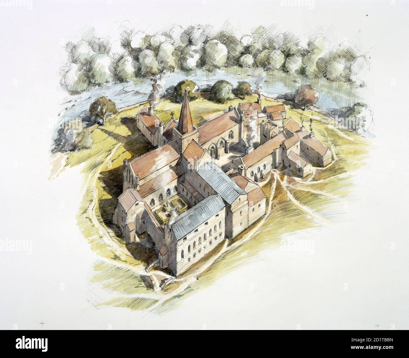 FINCHALE PRIORY, Durham. Das Kloster um 1530 . Rekonstruktionszeichnung von Peter Dunn (English Heritage Graphics Team). Stockfoto FINCHALE PRIORY, Durham. Das Kloster um 1530 . Rekonstruktionszeichnung von Peter Dunn (English Heritage Graphics Team). Stockfoto