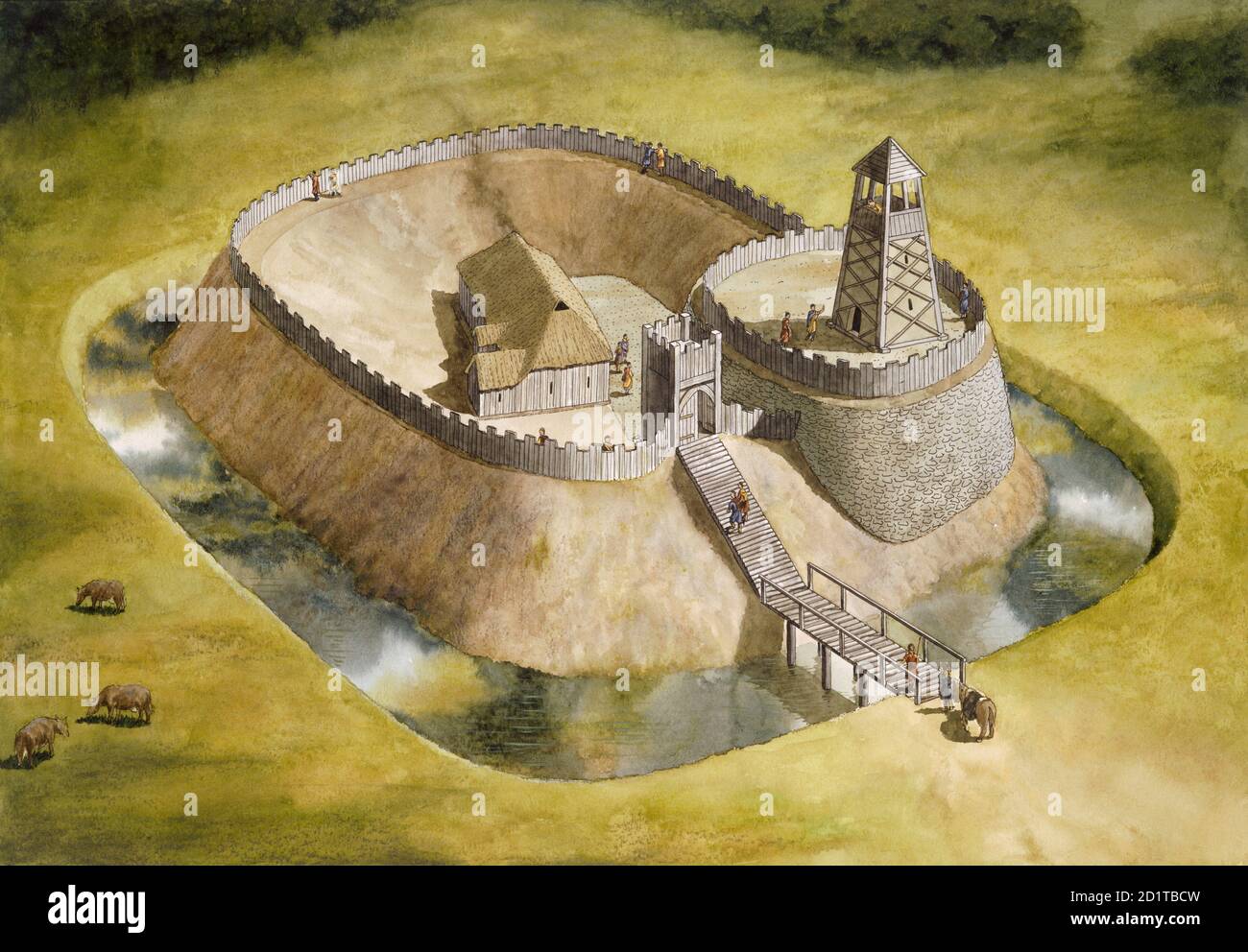HELMSLEY CASTLE, North Yorkshire. Rekonstrutionszeichnung mit Originalholzbauten aus dem frühen 12. Jahrhundert von Simon Hayfield. Stockfoto HELMSLEY CASTLE, North Yorkshire. Rekonstrutionszeichnung mit Originalholzbauten aus dem frühen 12. Jahrhundert von Simon Hayfield. Stockfoto