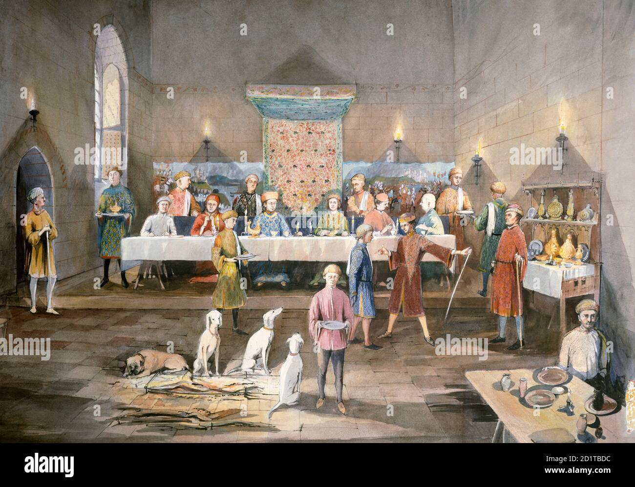 DOVER CASTLE, Kent. Innenansicht. Rekonstruktionszeichnung von Arthur's Hall, Tischfest im 14. Jahrhundert von Terry Ball (English Heritage Graphics Team). Stockfoto DOVER CASTLE, Kent. Innenansicht. Rekonstruktionszeichnung von Arthur's Hall, Tischfest im 14. Jahrhundert von Terry Ball (English Heritage Graphics Team). Stockfoto